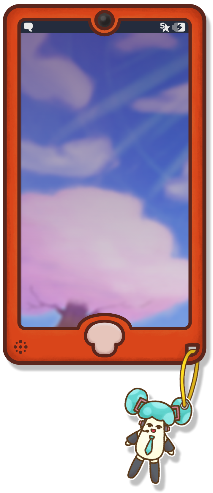 A decorative element, a smartphone with a mushshroom shaped home button and a Mushroomy Miku charm. The phone's background image is of a sakuya tree in the spring.